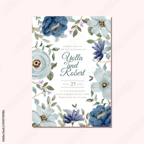 wedding invitation with blue floral watercolor