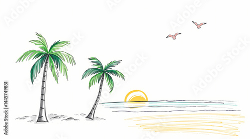 Tropical Sunset Paradise: Artistic Illustration of Palm Trees and Ocean Waves at Seaside Vacation Destination