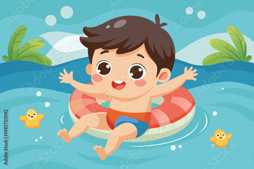 A cheerful boy plays in a bright pool, floating on a red and white inflatable ring, surrounded by yellow rubber ducks, enjoying a fun summer day.