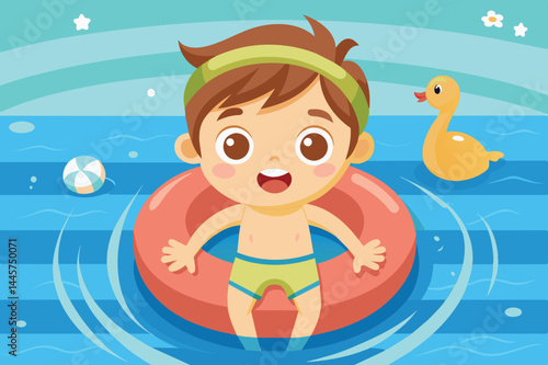 A cheerful boy enjoys his time floating in a pool, surrounded by toys. The scene captures the essence of summer fun and carefree childhood moments.
