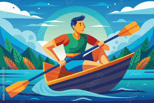 A cheerful man rows a vibrant canoe across a tranquil lake with green mountains in the background under a clear blue sky.