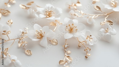 Luxury wedding stationery set on a white background, featuring gold foil lettering and delicate white florals