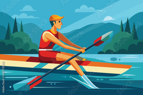A rower exerts effort as he propels his boat through tranquil waters, enjoying the scenic views of mountains and lush trees under a clear sky.