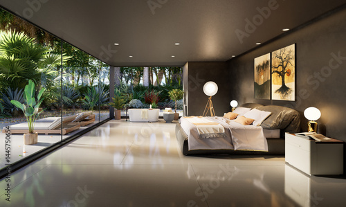 3D illustration of a luxurious hotel decor suite with garden view