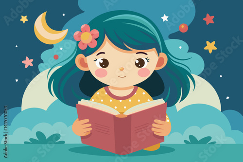 A girl with blue hair and a flower in her hair enjoys reading a book at night, illuminated by the moonlight and surrounded by stars and clouds.