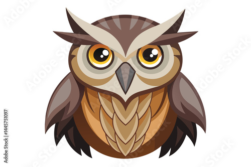 A playful and colorful cartoon owl with bright yellow eyes and detailed feather patterns sits against a simple background, perfect for educational or creative projects.