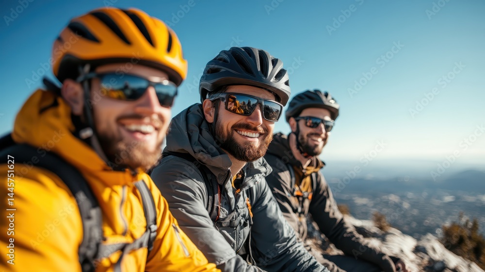 Smiling mountain bikers sharing a joyful experience on a sunny day, showcasing camaraderie, thrill, and connection against a stunning backdrop of nature. Smiling mountain bikers sharing a joyful experience on a sunny day, showcasing camaraderie, thrill, and connection against a stunning backdrop of nature.