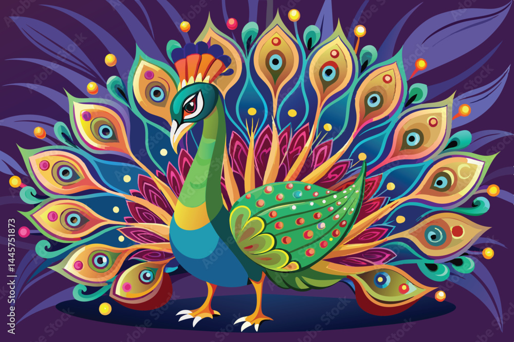 Fototapeta premium The peacock stands proudly, its magnificent feathers elegantly splayed in a burst of colors and patterns, creating a stunning visual display full of artistic flair.
