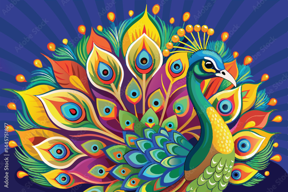 A peacock proudly fanning its strikingly colorful tail feathers, highlighting the vibrant patterns of blue, green, and orange in a radiant display. A peacock proudly fanning its strikingly colorful tail feathers, highlighting the vibrant patterns of blue, green, and orange in a radiant display.