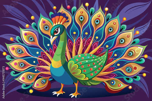 The peacock stands proudly, its magnificent feathers elegantly splayed in a burst of colors and patterns, creating a stunning visual display full of artistic flair.