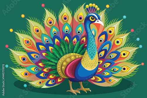 A beautiful peacock proudly fans out its striking, multicolored feathers in a vibrant display among artistic floral designs, creating a lively environment.