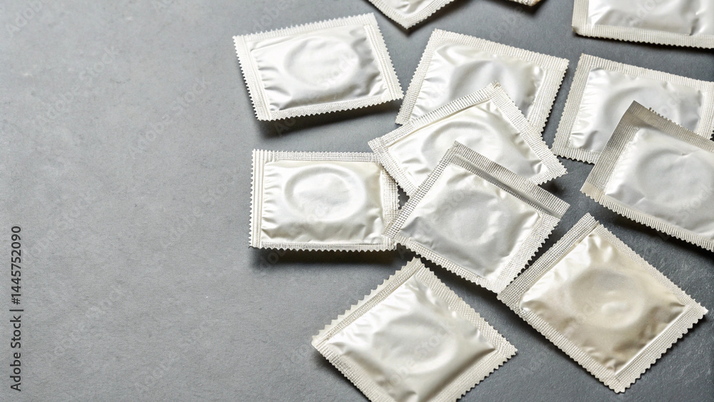 Displaying multiple silver condom packets on a gray background, emphasizing safe sex and preventative health. Displaying multiple silver condom packets on a gray background, emphasizing safe sex and preventative health.
