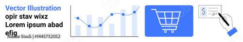 Graph with increasing data points, shopping cart graphic, hand writing on check. Ideal for e-commerce, business growth, finance, analytics, online transactions, payment methods simple landing page