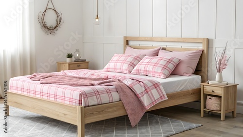 Wallpaper Mural Cozy Bedroom Interior: Pink Plaid Bedding and Wood Accents Torontodigital.ca