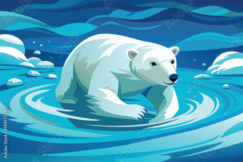 A polar bear navigates the clear, cold waters of the Arctic, surrounded by ice and snow, highlighting the beauty of its natural environment on a bright day.