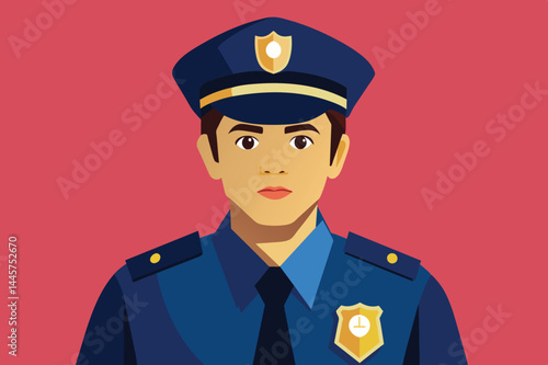 A young police officer confidently poses in a crisp uniform, highlighting community safety and engagement while standing against a vibrant background.