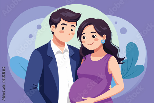 An expectant couple stands close, joyfully anticipating their baby while embracing. The graphic features a vibrant background that emphasizes their happiness.