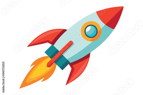 A vibrant rocket is soaring into the sky with flames propelling from its engines, representing dreams of space travel and adventure in a fun, animated style.