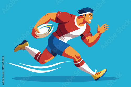 A determined rugby player runs swiftly across a vibrant blue background, gripping a rugby ball tightly as he heads for the try line, embodying the excitement of the game.