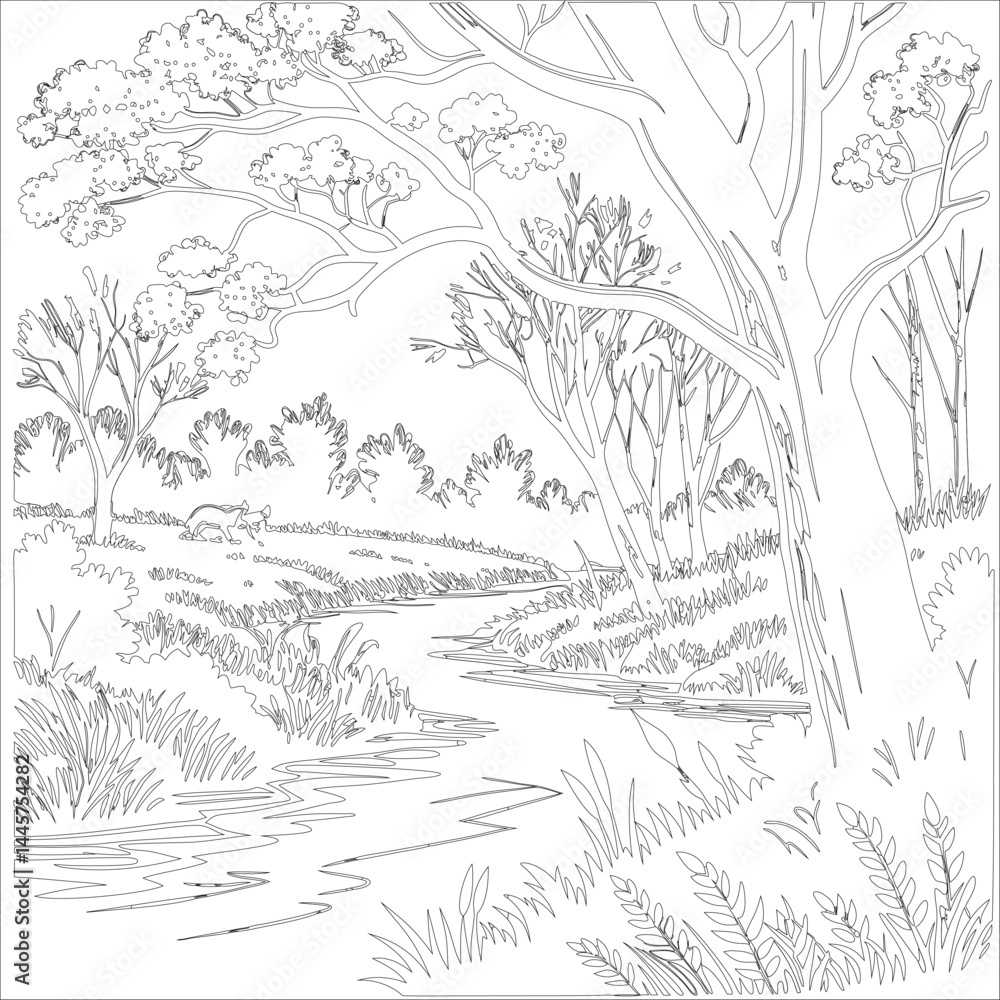 Obraz premium Hand-drawn vector landscape for coloring book layered illustration design