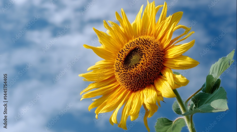 A vibrant sunflower in full bloom against a backdrop of a bright blue sky with scattered white clouds A vibrant sunflower in full bloom against a backdrop of a bright blue sky with scattered white clouds