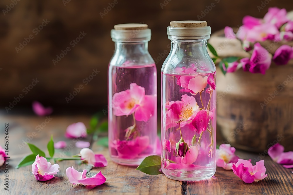 Two Glass Bottles with Cork Lids Filled with Pink Roses on Wooden Surface Two Glass Bottles with Cork Lids Filled with Pink Roses on Wooden Surface