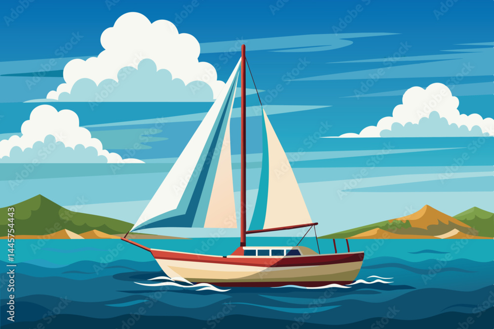 A sailboat glides smoothly across serene waters, framed by gentle mountains and fluffy clouds under a clear blue sky, capturing a perfect day for sailing. A sailboat glides smoothly across serene waters, framed by gentle mountains and fluffy clouds under a clear blue sky, capturing a perfect day for sailing.