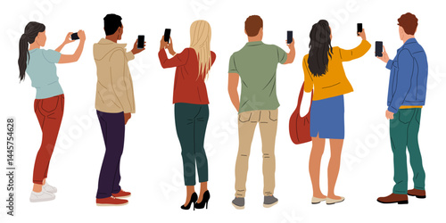 Set of different people standing rear view and tacking picture with their cell phones. Colorful flat vector illustration isolated on transparent background	