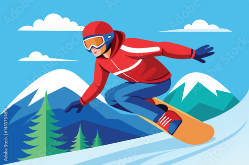 A person in a red jacket and goggles skillfully maneuvers down a snowy mountain slope, surrounded by pine trees and towering peaks under a bright sky.