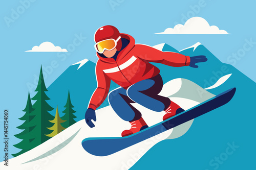 A snowboarder in a red jacket and goggles carves down a snowy slope, showcasing skills against a backdrop of snowy mountains and evergreen trees on a bright winter day.