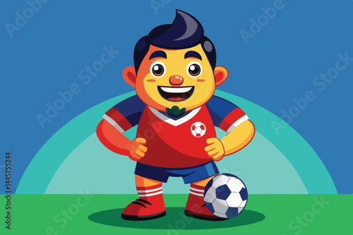 A playful cartoon character smiles broadly while wearing a red soccer uniform. He stands confidently on a grassy field, ready to enjoy the game with friends.