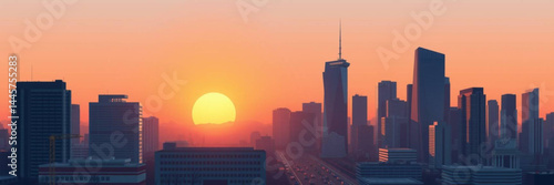 beautiful sunset with city skyline view with large buildings
