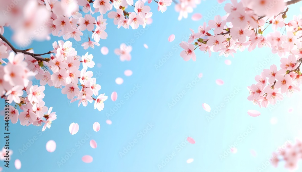 Pink Cherry Blossoms Falling Against a Light Blue Sky Pink Cherry Blossoms Falling Against a Light Blue Sky