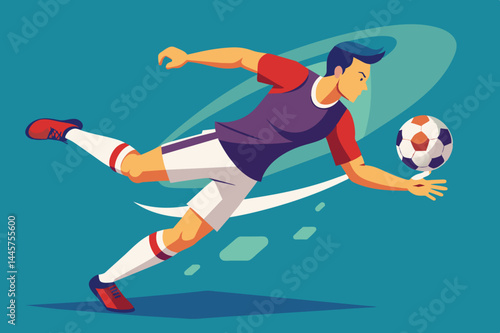 The athlete stretches fully to intercept the ball mid-air, showcasing agility and skill while wearing a dynamic uniform during a thrilling game.