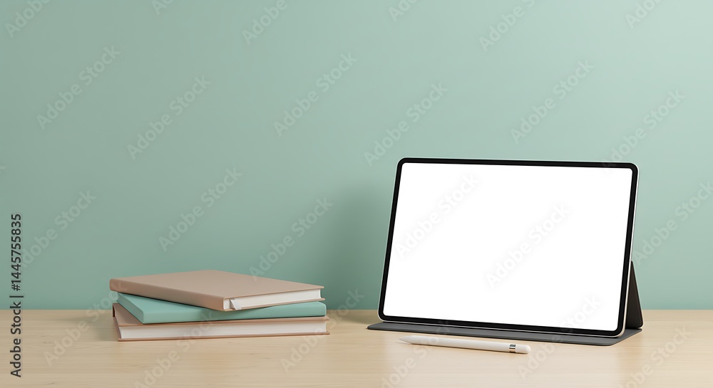 Fototapeta premium Mockup Tablet with Stylus & Books on Desk Presenting Blank White Screen Against Teal Wall, Minimalist Design for Education, Learning, Digital Workspace Concepts.