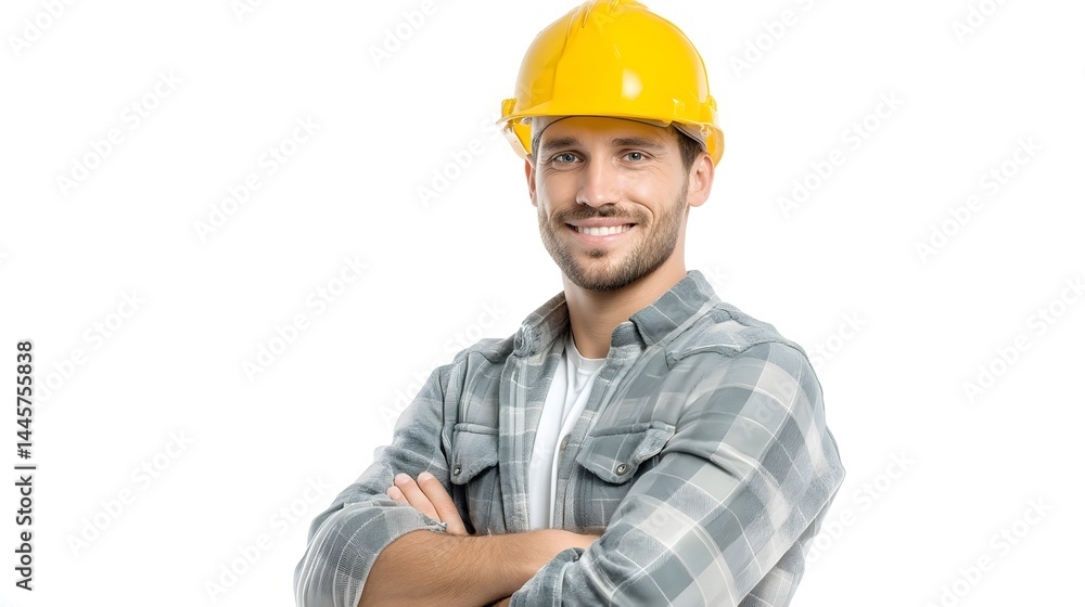 Portrait of a smiling man wearing a yellow hard hat and a plaid shirt with his arms crossed on white Portrait of a smiling man wearing a yellow hard hat and a plaid shirt with his arms crossed on white