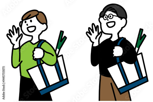 買い物の帰りにあいさつする男女イラストのセット