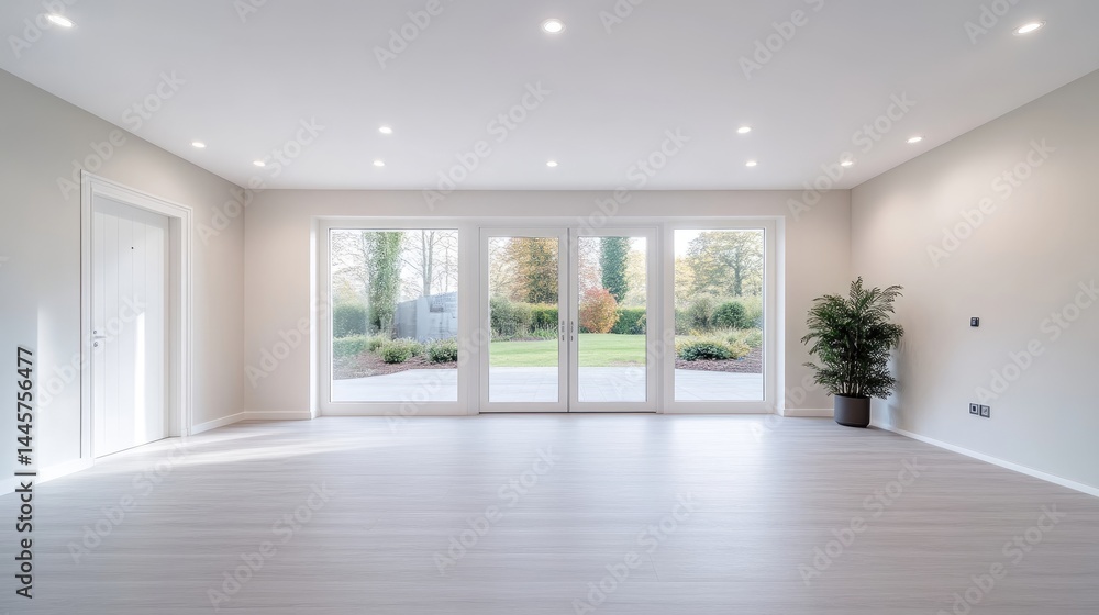 Spacious, modern living area with large windows overlooking a serene garden Spacious, modern living area with large windows overlooking a serene garden