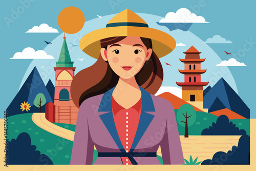The woman wearing a wide-brimmed hat poses confidently in front of a vibrant landscape with hills, a tower, and a sunny sky, enjoying the beauty of nature.