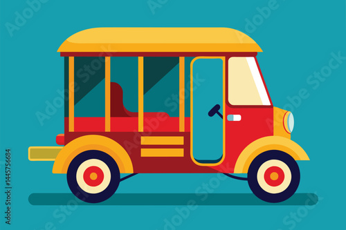 A vibrant red and yellow tuk-tuk taxi stands still against a bright blue backdrop, showcasing its charming design and open door, ready for passengers.