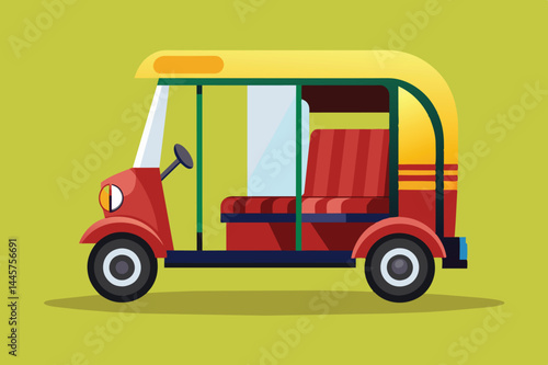 A stylish auto rickshaw with a bright exterior and open sides is depicted, highlighting its inviting seating and fun design, perfect for urban transportation.