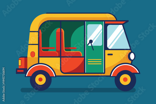 A cheerful auto rickshaw stands still, displaying bright yellow and green colors, with an open door revealing empty seats; a perfect representation of urban transportation.