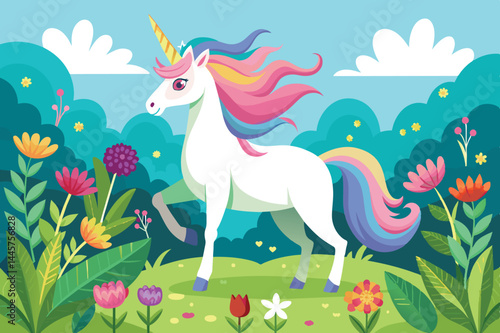 A playful unicorn with a flowing mane in pastel colors elegantly prances through a lush garden teeming with various flowers beneath a sunny sky.