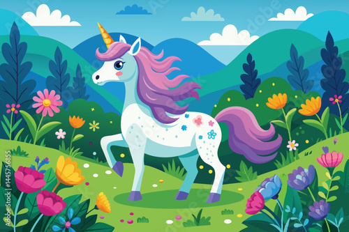 A unicorn with a flowing mane of lavender and pink prances through a lively meadow adorned with blooming flowers beneath a bright blue sky.
