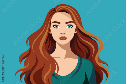 A young woman with striking blue eyes and long, flowing red hair gazes directly at the viewer while wearing a comfortable teal top. The background is a soft light blue.