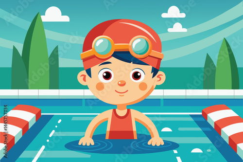 A cheerful boy in a red swimsuit and goggles is playfully splashing water in the pool on a bright day, set against a backdrop of lush trees.