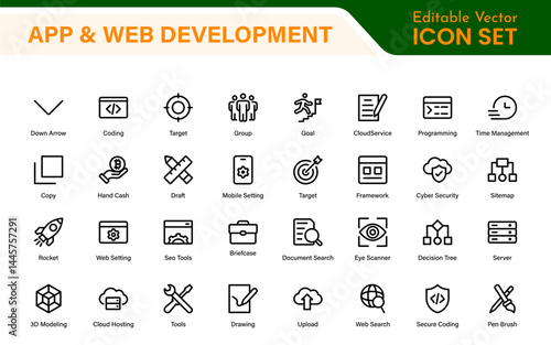 Professional App Web Development Icons – Modern Outline Vector Set for UI, UX, Programming, Websites, Coding, Digital Products, and Software
