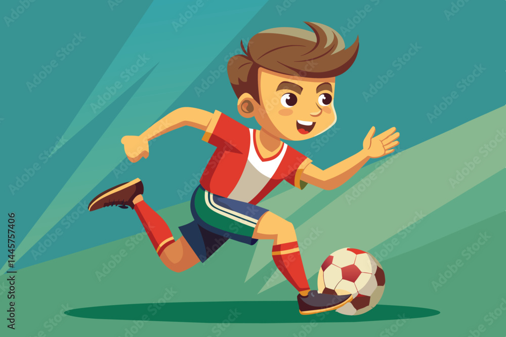 Obraz premium A cheerful young player in a red and white jersey runs energetically with a soccer ball on a bright green field under sunny skies, showcasing enthusiasm for the sport.