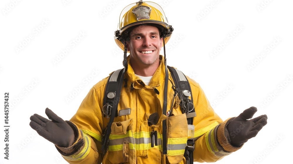 A smiling firefighter in full gear with arms outstretched against a white studio background A smiling firefighter in full gear with arms outstretched against a white studio background