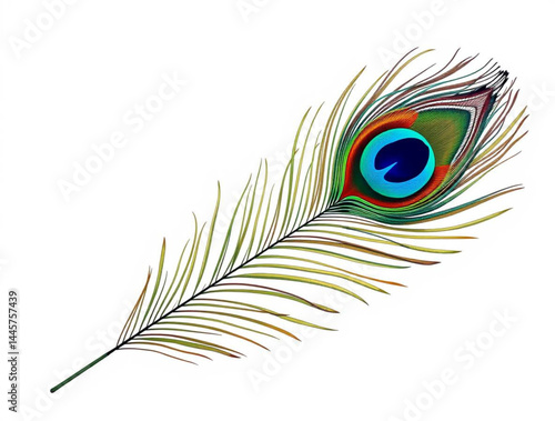 A peacock feather with beautiful shades on white background 